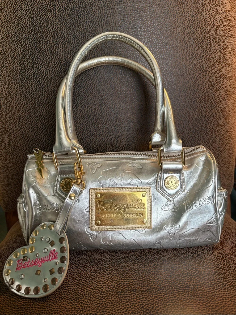 Betsey Johnson Silver Metallic Barrel Mini Bag with Gold Hardware